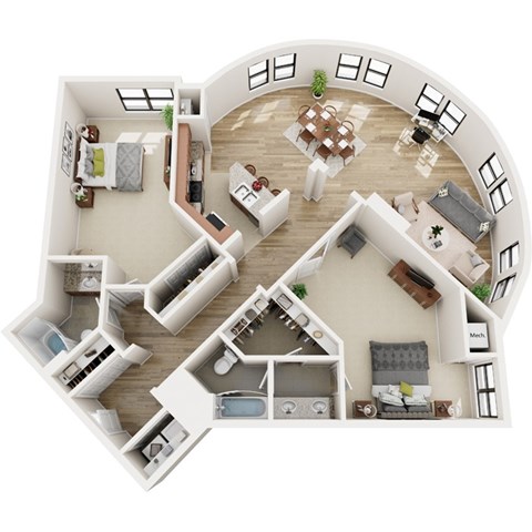 Floor plan for 2 beds, 2 baths, 1877 sqft